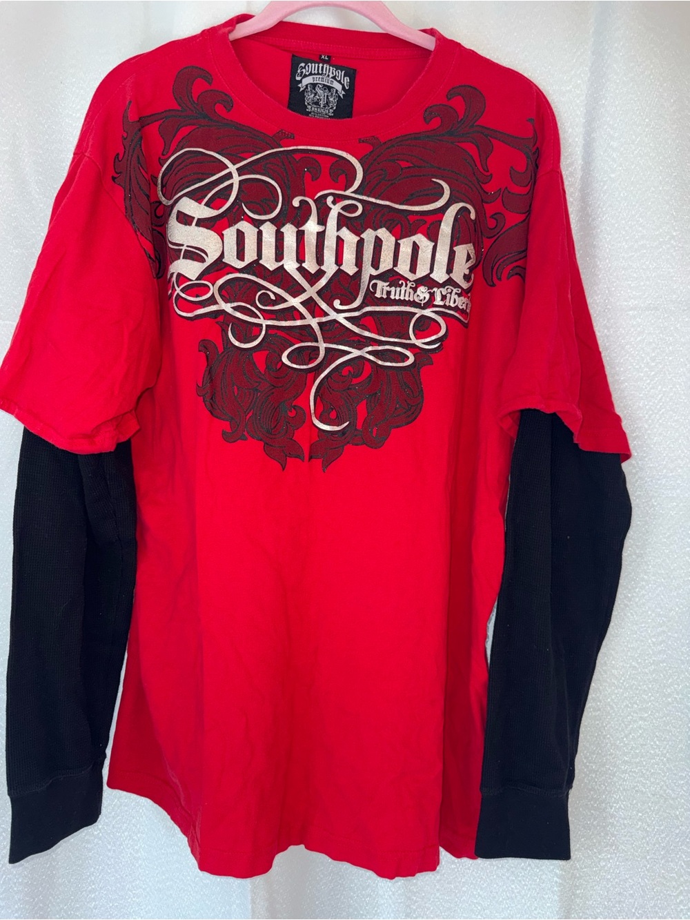 South Pole Red Men's Layered-Look Long Sleeve Shirt with Black Sleeves